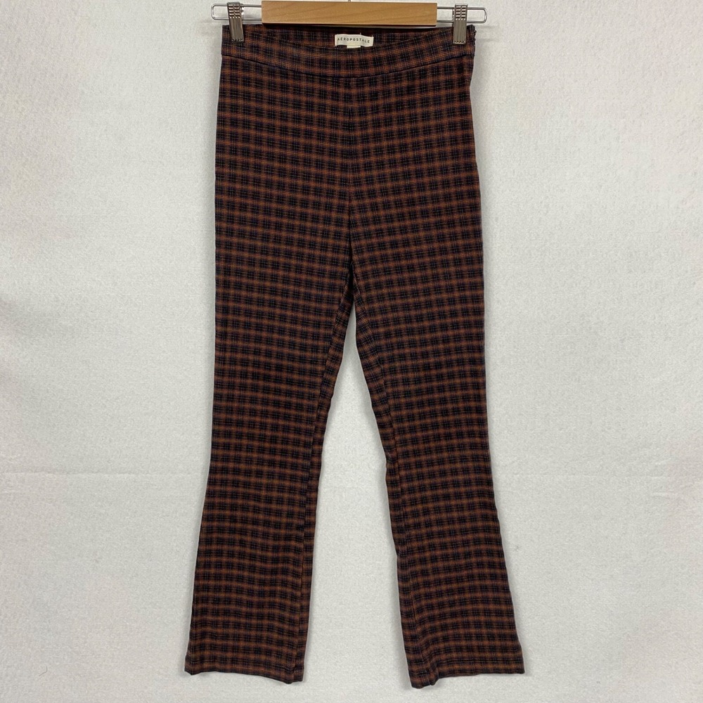 Aeropostale Women XS Pants Orange Plaid Dark Academia Grunge Flare Ankle